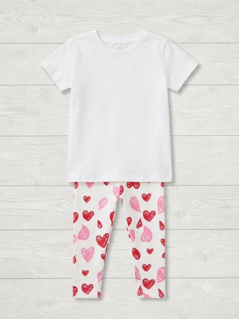Kids White Tee & Heart-Print Leggings Pajama Set - White, Pink & Red